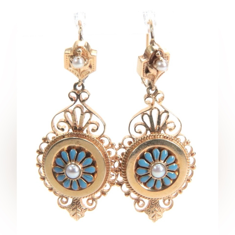Vintage 14K Yellow Gold Pearl & Blue Enamel Drop Earrings